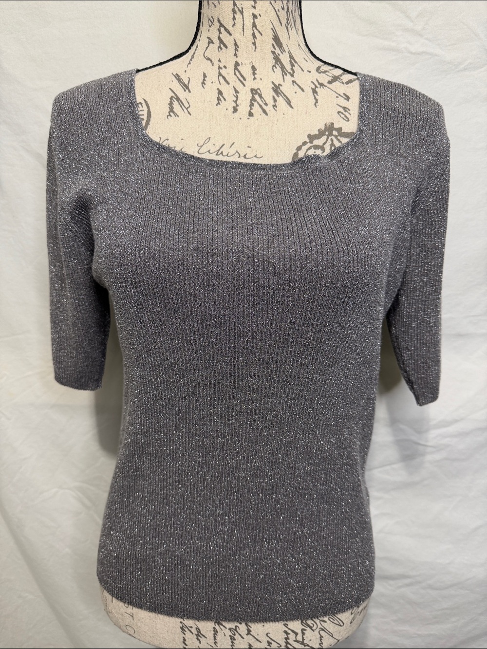 AUGUST SILK Metallic Gray Silk Blend Square Neck Short-Sleeve Rib Knit Top Sz L